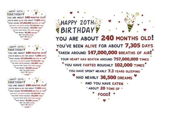 20TH BIRTHDAY GIFT FACTS HEART Graphic Design for Crafts